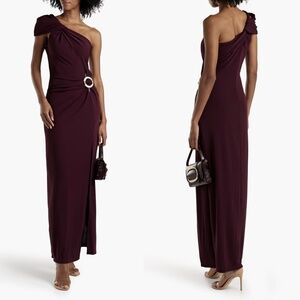 NWT NICHOLAS Cory One Shoulder Buckle Detail Crepe Gown in Grape Sz. 0
